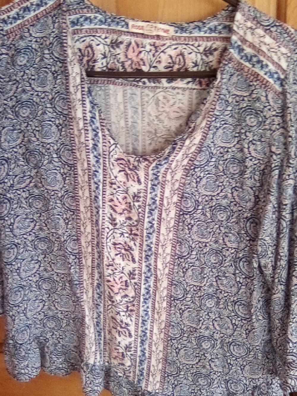 Light Blue Paisley V-Neck Blouse with Pink Accents - Women’s Top